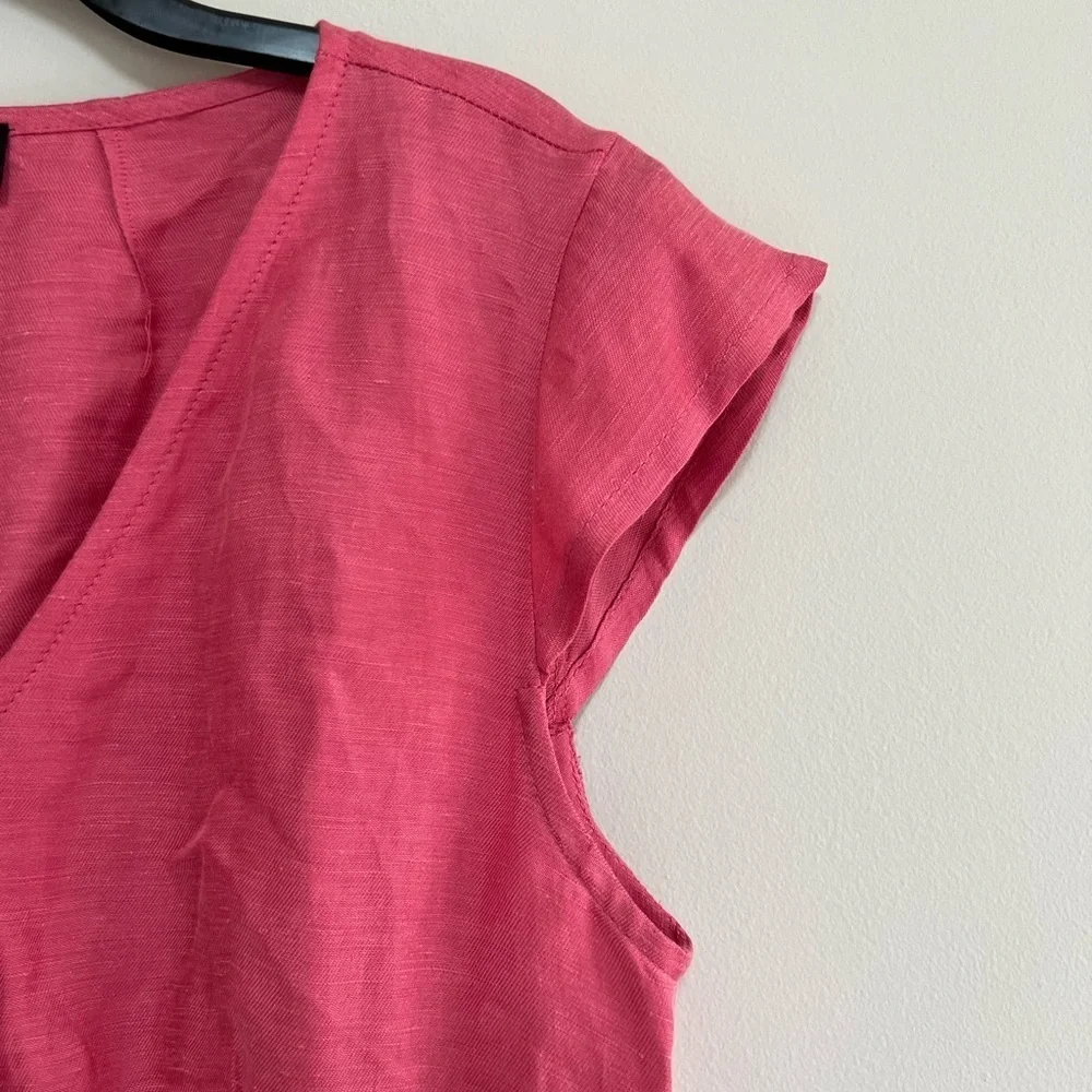 J. Crew Linen Cupro V-Neck Cap Sleeve Sheath Wrap Dress in Pink Coral, size 8T